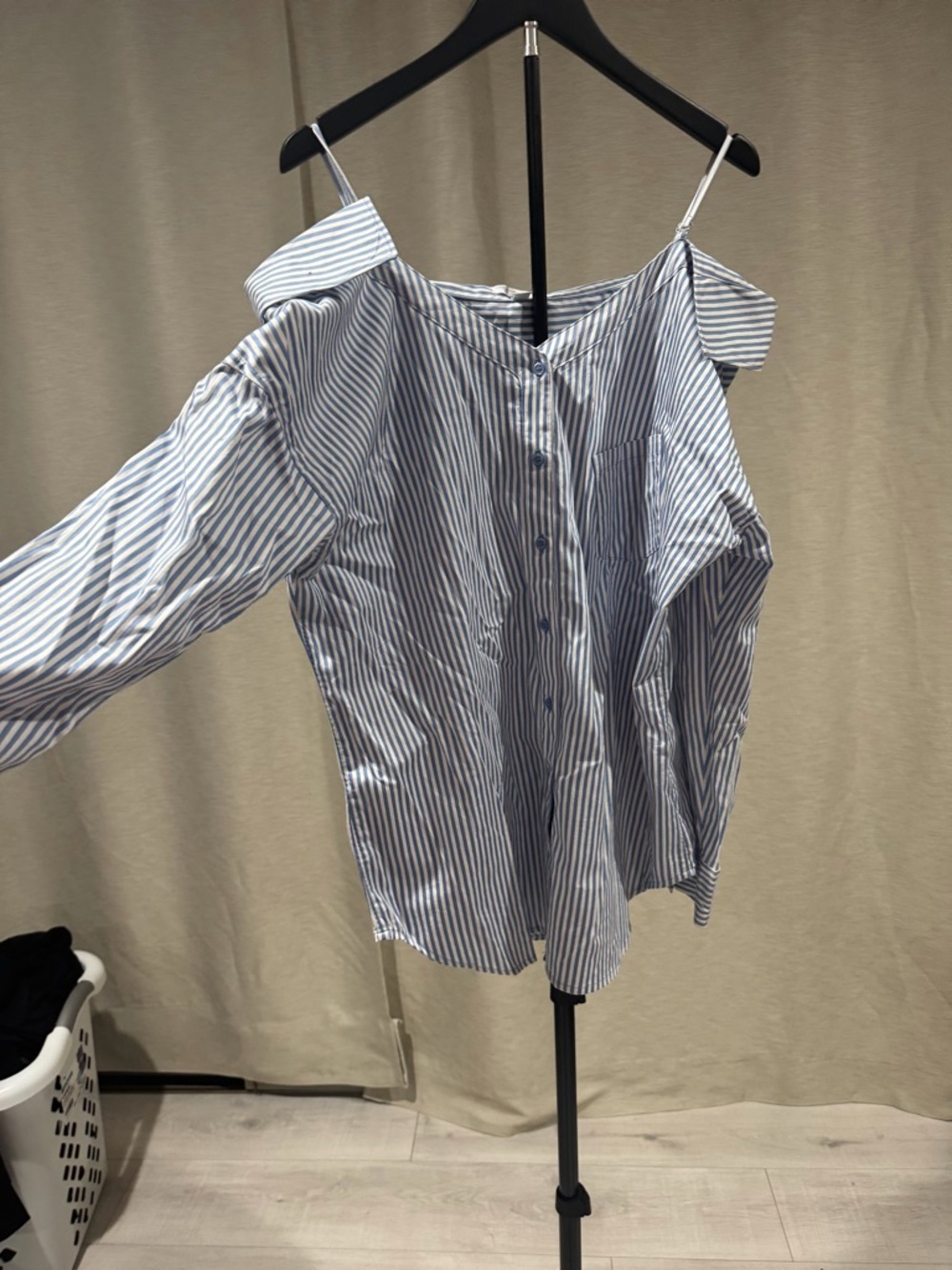 New York & Company Blue and White Striped Cold-Shoulder Button Front Top